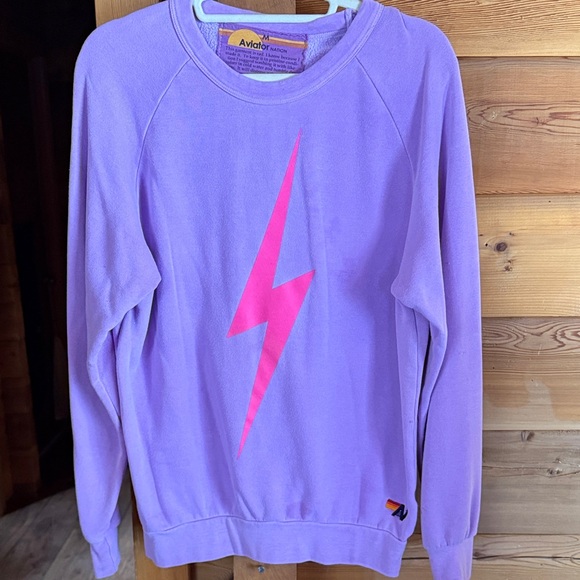 Aviator Nation Sweaters - Aviator Nation Lavender Sweatshirt with Neon Pink Lightning Bolt